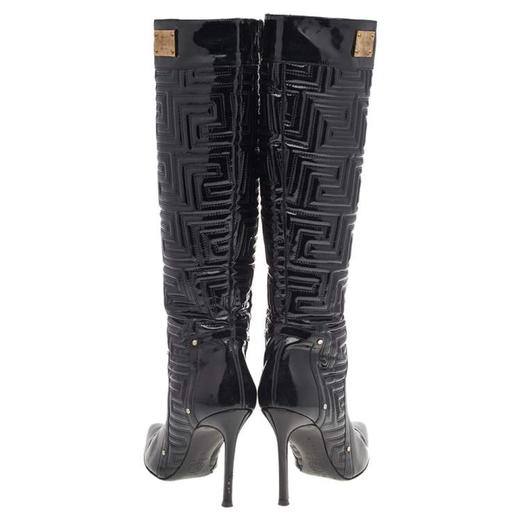 Pre Owned Versace Black Patent Quilted Leather Pointed Toe Knee Length Boots Size 39
