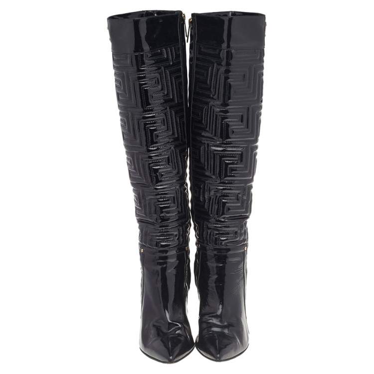 Pre Owned Versace Black Patent Quilted Leather Pointed Toe Knee Length Boots Size 39