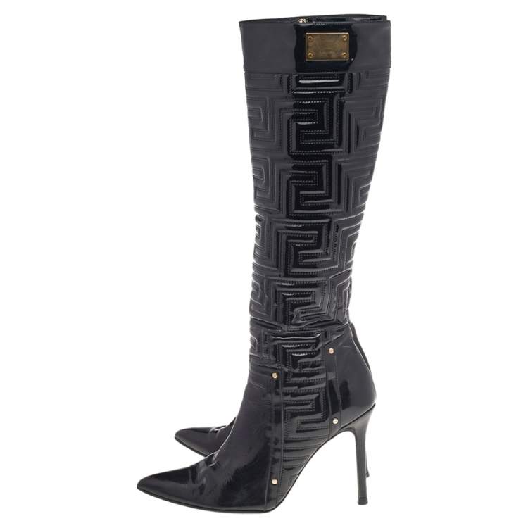 Pre Owned Versace Black Patent Quilted Leather Pointed Toe Knee Length Boots Size 39