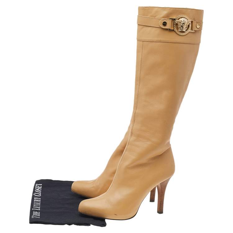 Pre Owned Versace Beige Leather Medusa Knee Length Boots Size 38