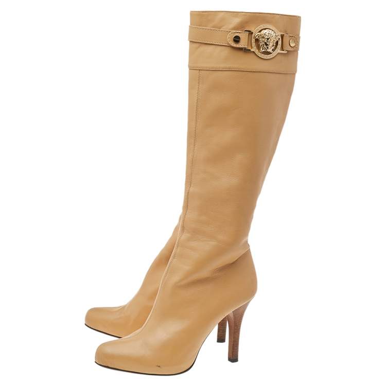 Pre Owned Versace Beige Leather Medusa Knee Length Boots Size 38