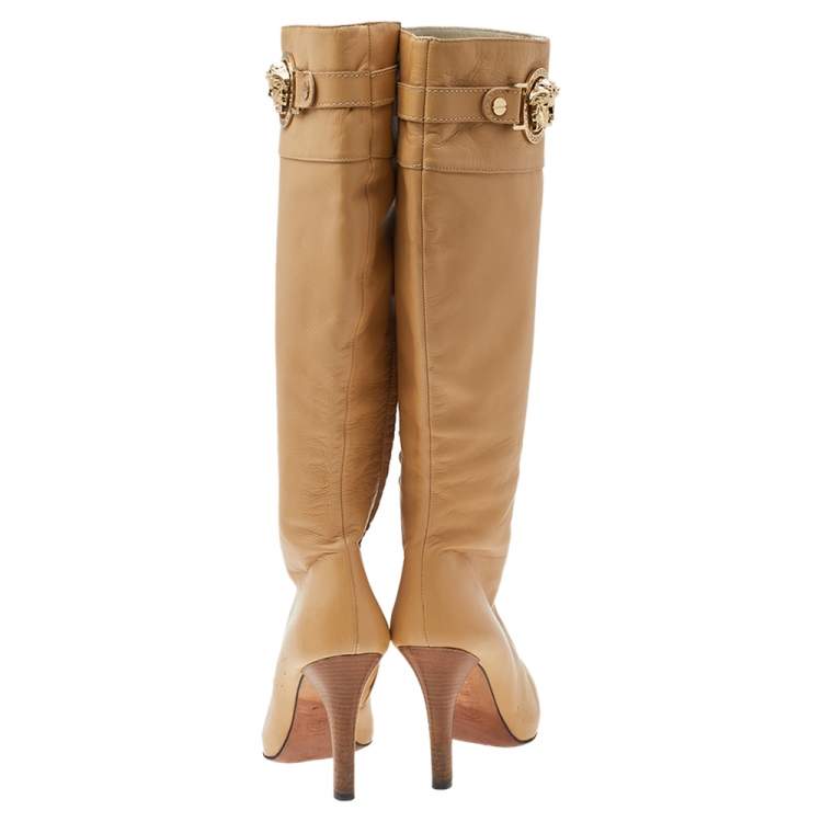 Pre Owned Versace Beige Leather Medusa Knee Length Boots Size 38