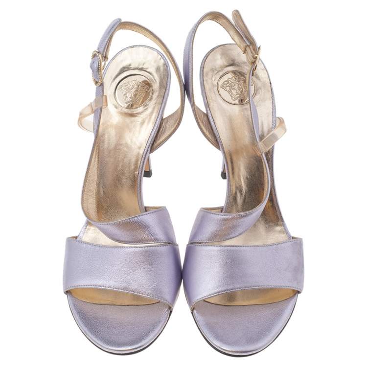 Pre Owned Versace Metallic Light Purple Leather And PVC Slingback Sandals Size 39