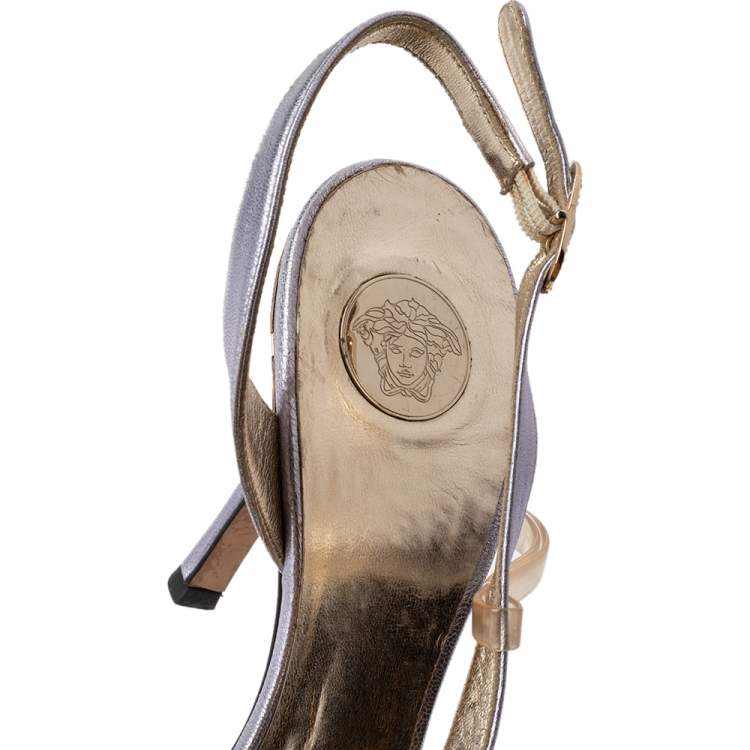 Pre Owned Versace Metallic Light Purple Leather And PVC Slingback Sandals Size 39