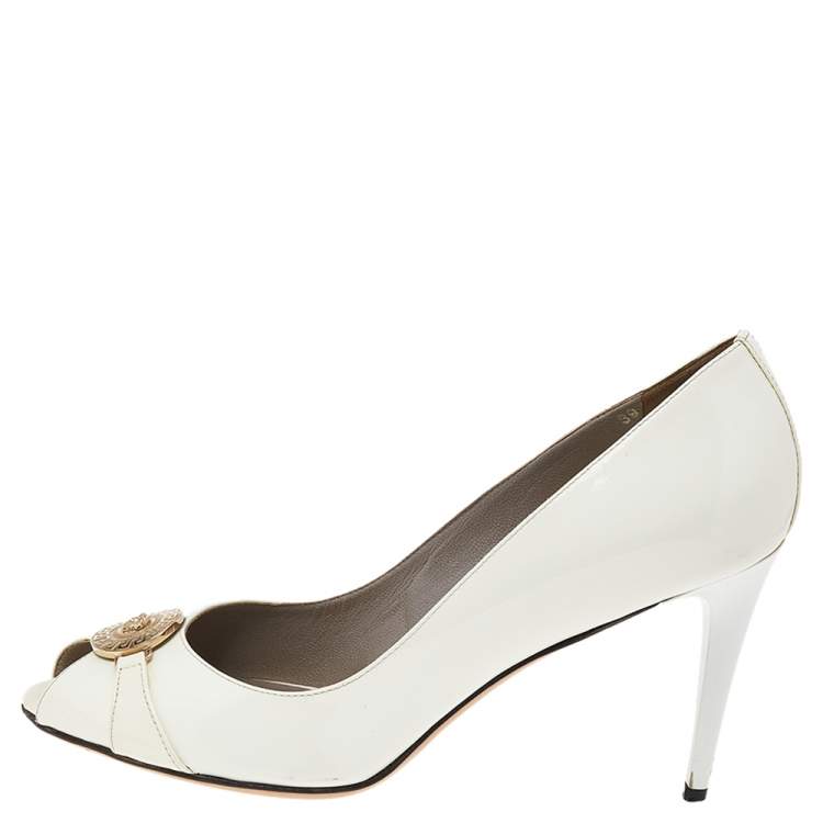 Pre Owned Versace White Patent Leather Medusa Peep Toe Pumps Size 39