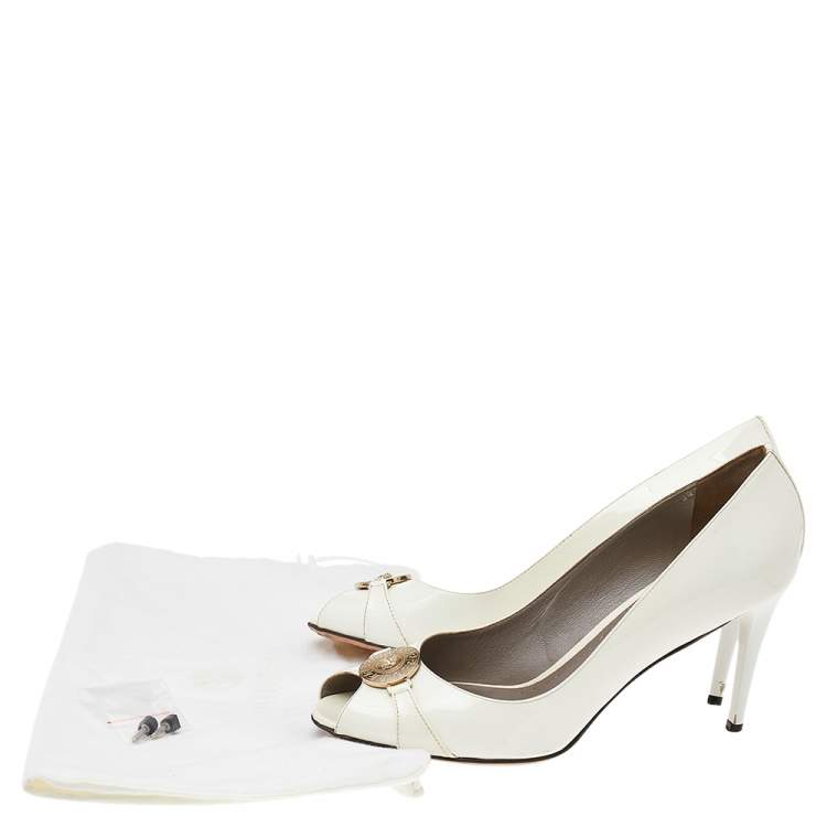 Pre Owned Versace White Patent Leather Medusa Peep Toe Pumps Size 39