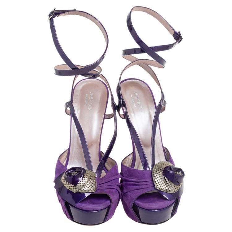 Pre Owned Versace Purple Suede And Patent Leather Platform  Ankle Strap Sandals Size 36