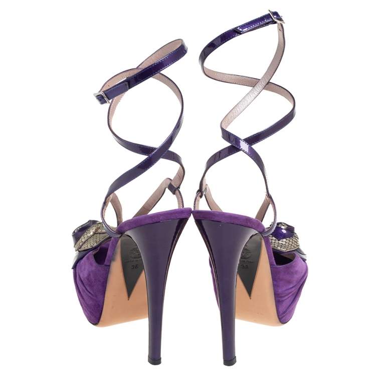 Pre Owned Versace Purple Suede And Patent Leather Platform  Ankle Strap Sandals Size 36