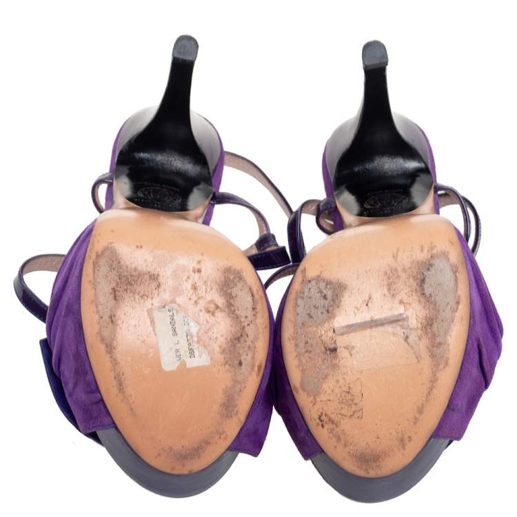 Pre Owned Versace Purple Suede And Patent Leather Platform  Ankle Strap Sandals Size 36