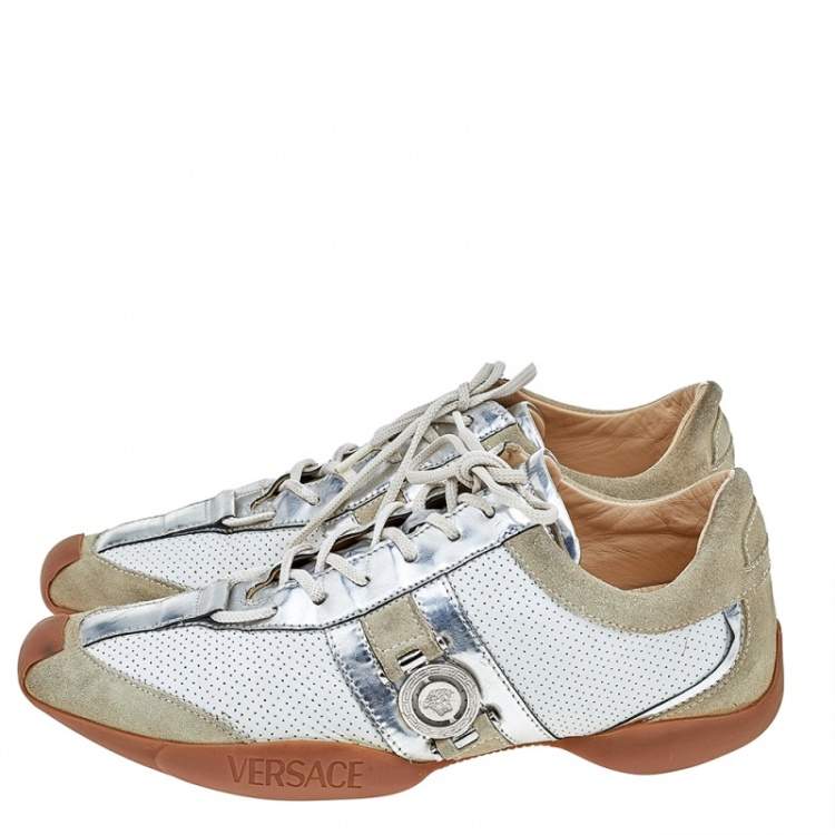 Pre Owned Versace Multicolor Leather And Suede Logo Detail Low Top Sneakers Size 36