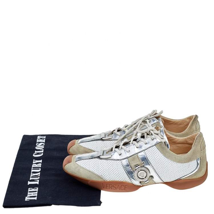 Pre Owned Versace Multicolor Leather And Suede Logo Detail Low Top Sneakers Size 36