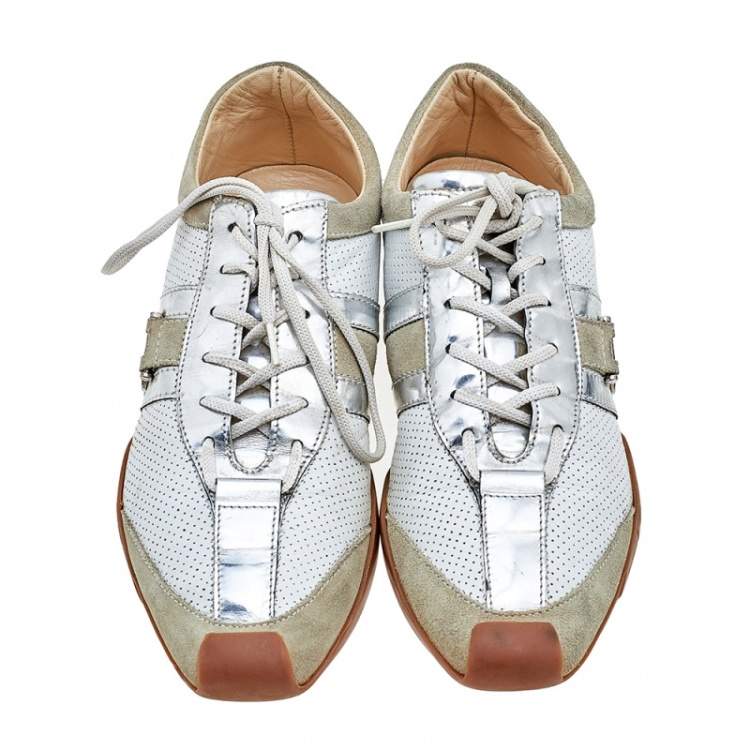 Pre Owned Versace Multicolor Leather And Suede Logo Detail Low Top Sneakers Size 36