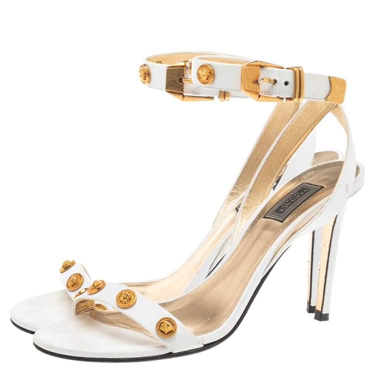 Pre Owned Versace White Leather Medussa Studded Icon Ankle Strap Sandals Size 37