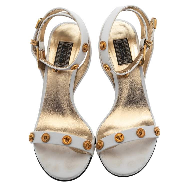 Pre Owned Versace White Leather Medussa Studded Icon Ankle Strap Sandals Size 37
