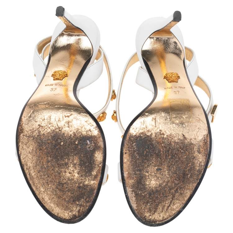 Pre Owned Versace White Leather Medussa Studded Icon Ankle Strap Sandals Size 37