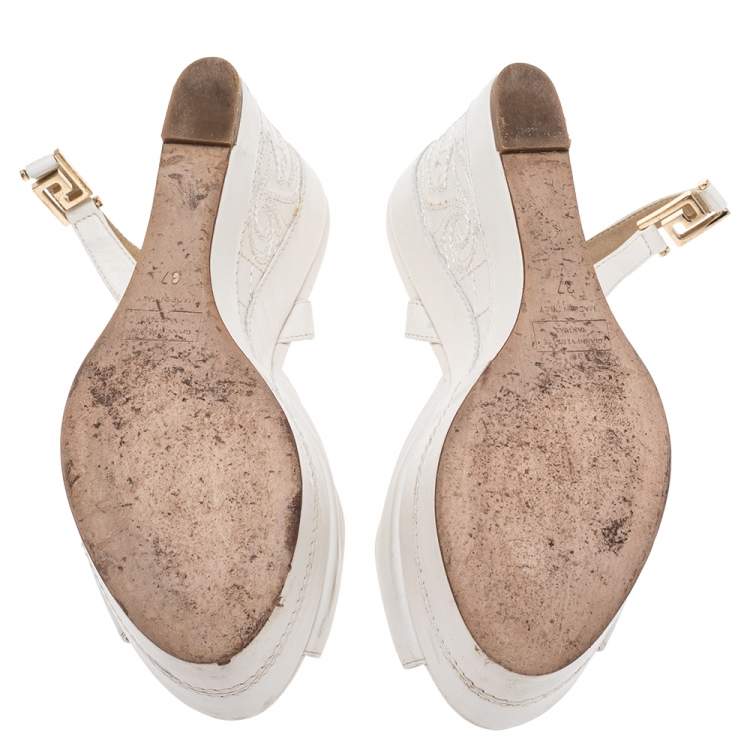 Pre Owned Versace White Leather Slingback Platform Wedge Sandals Size 37