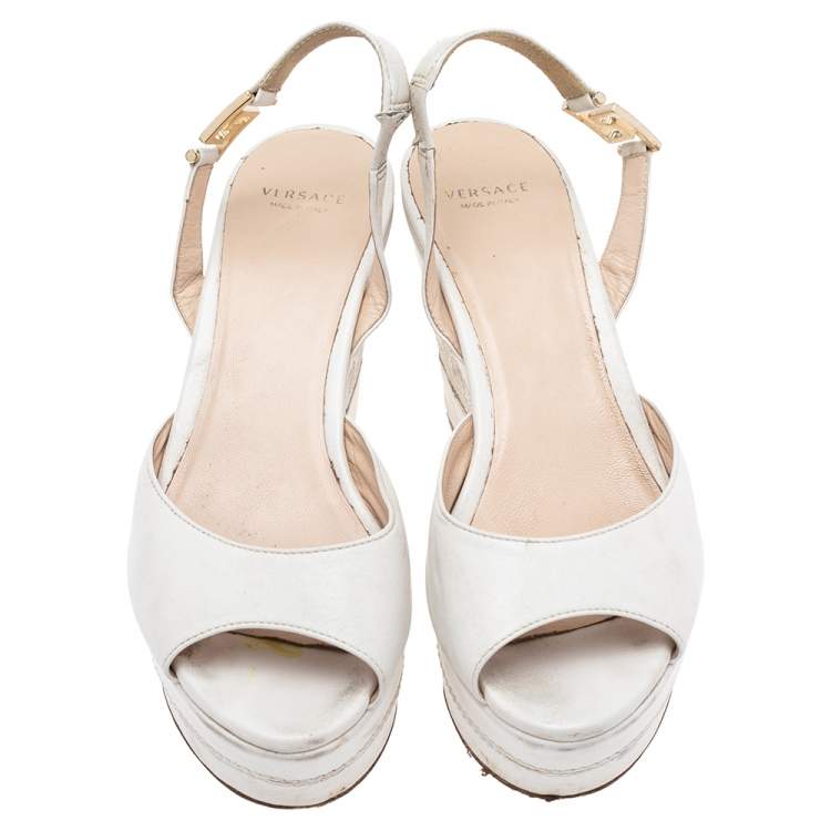 Pre Owned Versace White Leather Slingback Platform Wedge Sandals Size 37