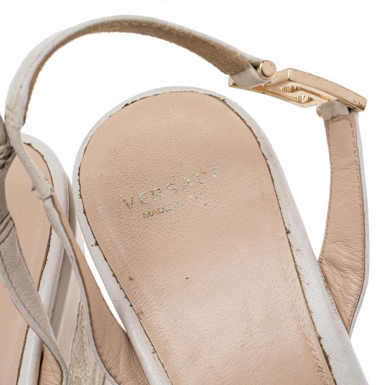 Pre Owned Versace White Leather Slingback Platform Wedge Sandals Size 37