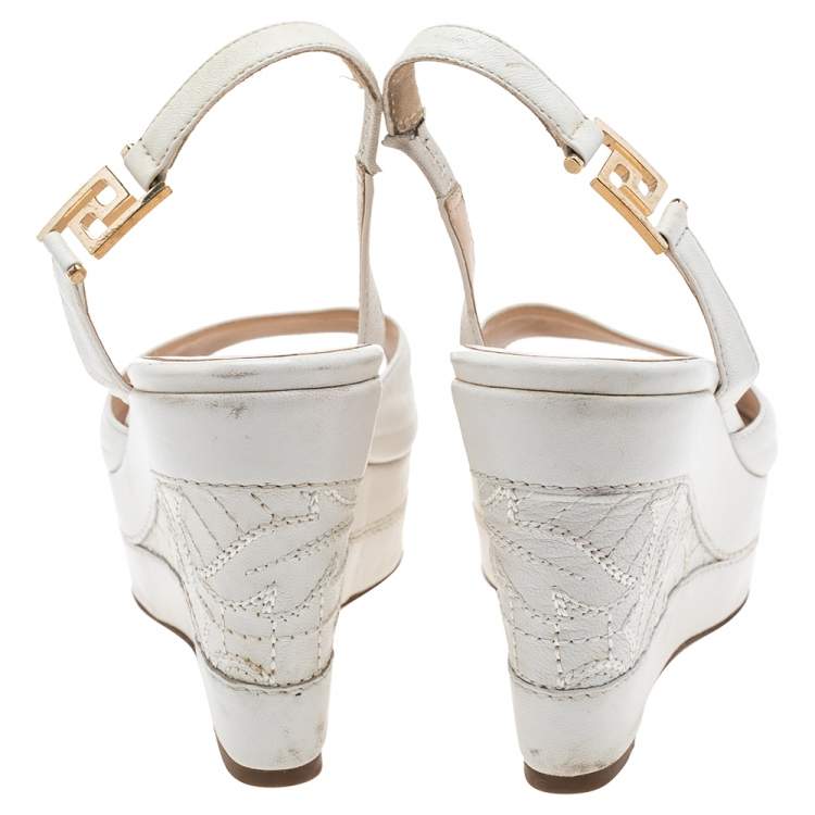Pre Owned Versace White Leather Slingback Platform Wedge Sandals Size 37