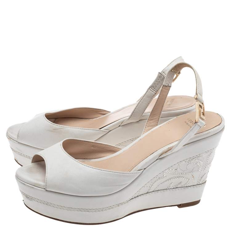 Pre Owned Versace White Leather Slingback Platform Wedge Sandals Size 37