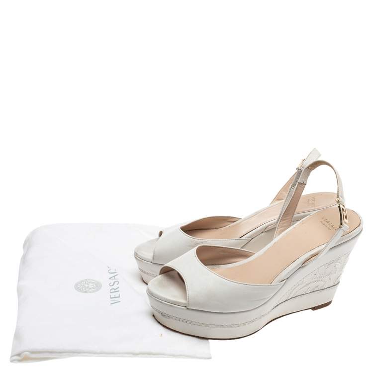 Pre Owned Versace White Leather Slingback Platform Wedge Sandals Size 37