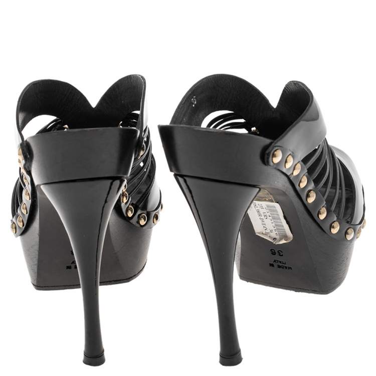 Pre Owned Versace Black Patent Leather and Wooden Platform Medusa Sandals Size 36