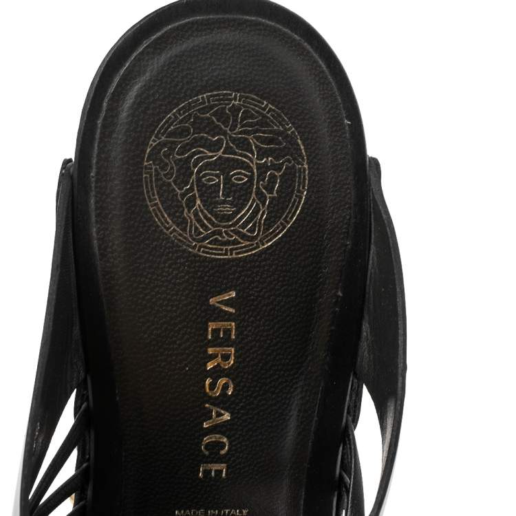 Pre Owned Versace Black Patent Leather and Wooden Platform Medusa Sandals Size 36