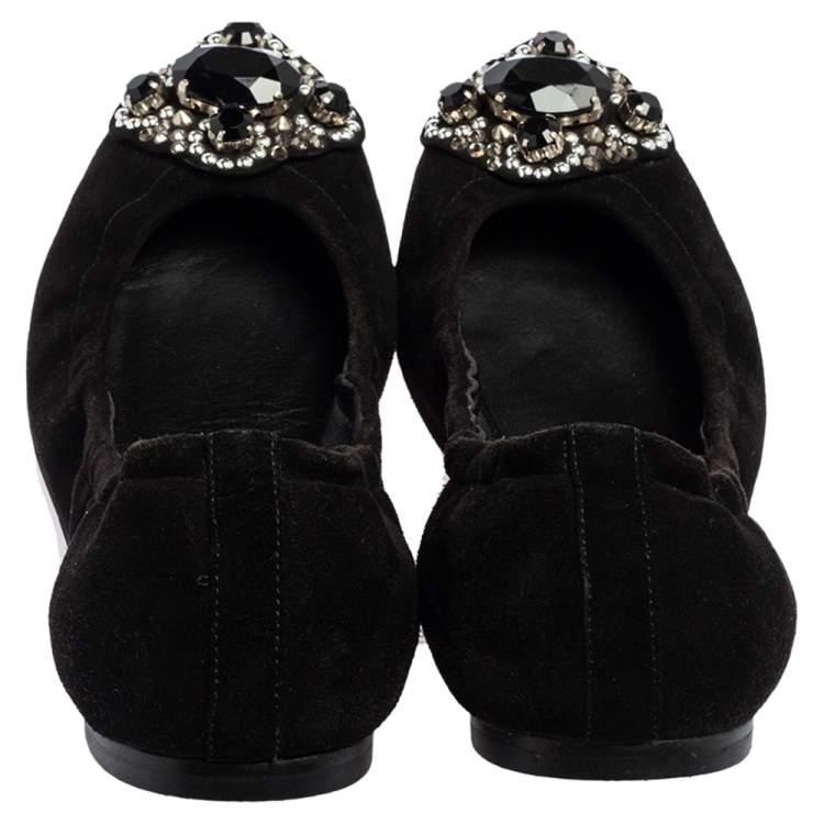 Pre Owned Versace Black Suede Embellished Scrunch Ballet Flats Size 39