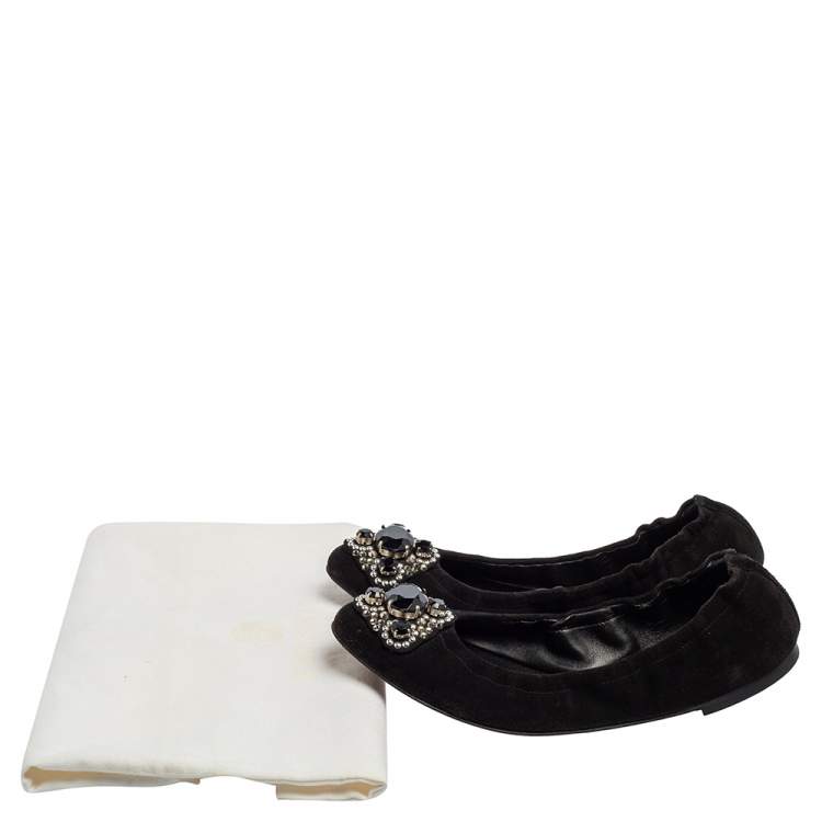 Pre Owned Versace Black Suede Embellished Scrunch Ballet Flats Size 39