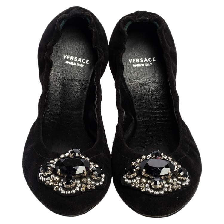 Pre Owned Versace Black Suede Embellished Scrunch Ballet Flats Size 39