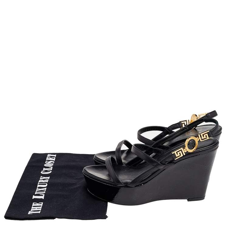 Pre Owned Versace Black Leather Wedge Sandals Size 36