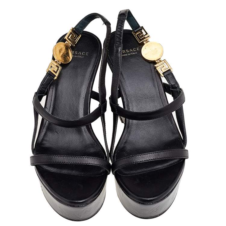 Pre Owned Versace Black Leather Wedge Sandals Size 36