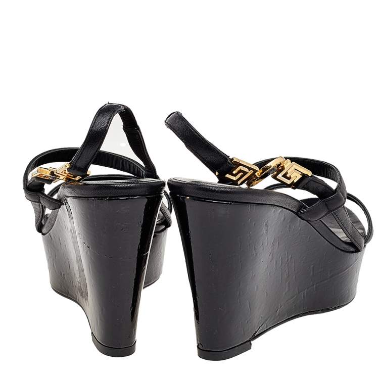 Pre Owned Versace Black Leather Wedge Sandals Size 36