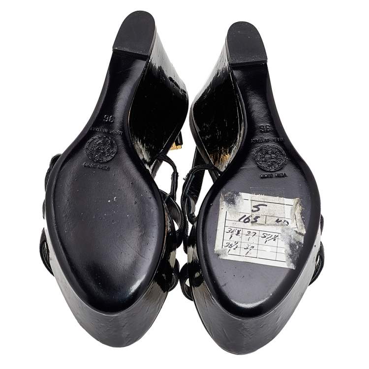 Pre Owned Versace Black Leather Wedge Sandals Size 36