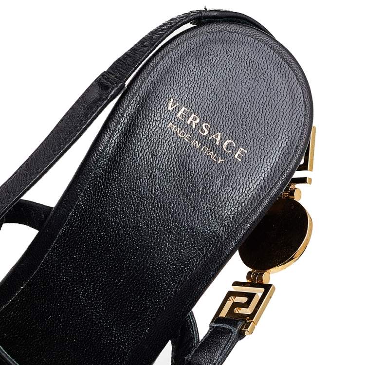 Pre Owned Versace Black Leather Wedge Sandals Size 36