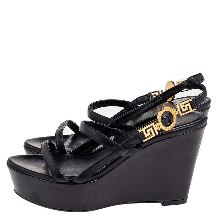 Pre Owned Versace Black Leather Wedge Sandals Size 36