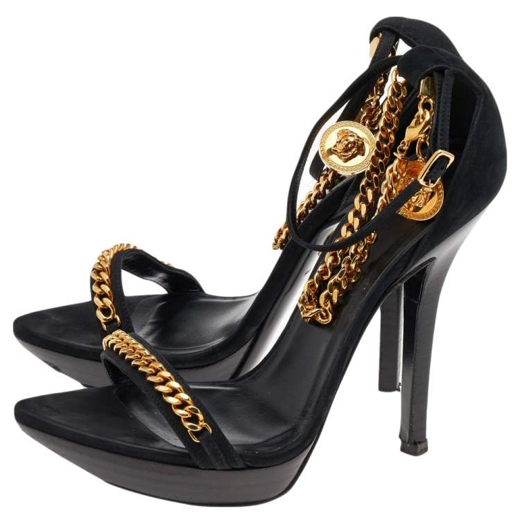 مملوكة مسبقًا Versace Black Suede Medusa Chain Ankle Strap Sandals Size 38