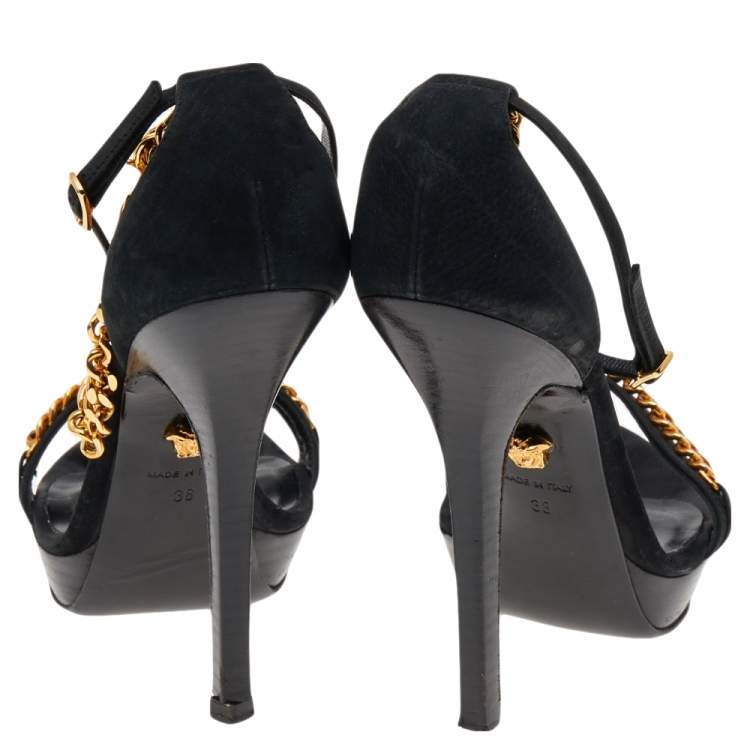 مملوكة مسبقًا Versace Black Suede Medusa Chain Ankle Strap Sandals Size 38