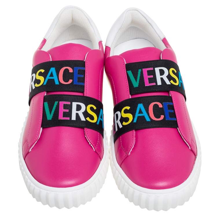 Pre Owned Versace Pink Leather Slip-On Sneakers Size 36