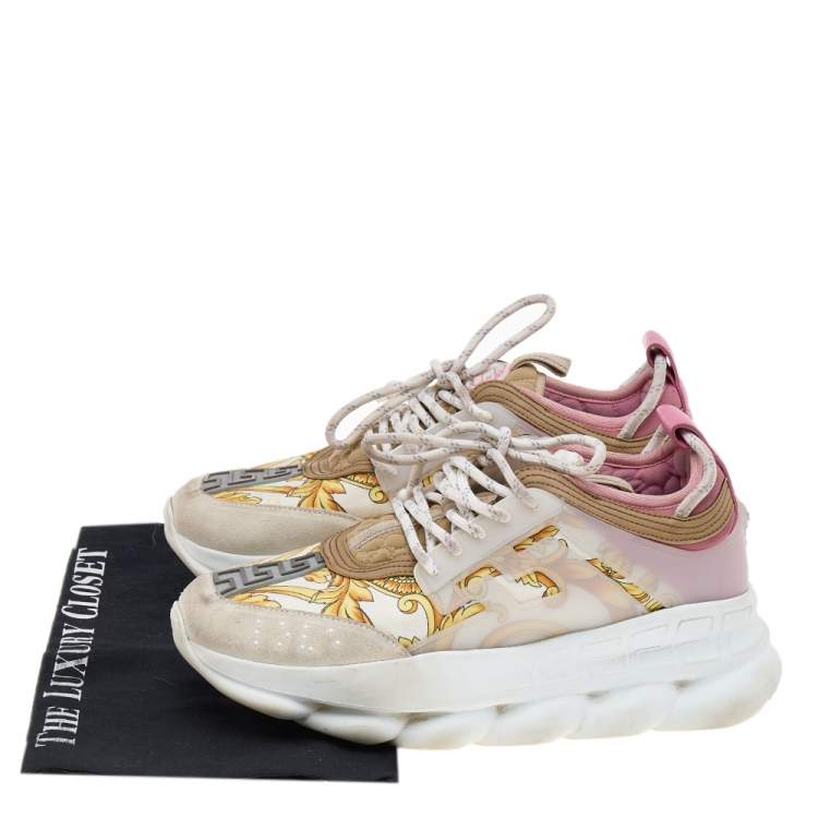 Pre Owned Versace Multicolor Barocco Print Nylon and Leather Chain Reaction Sneakers Size 40.5