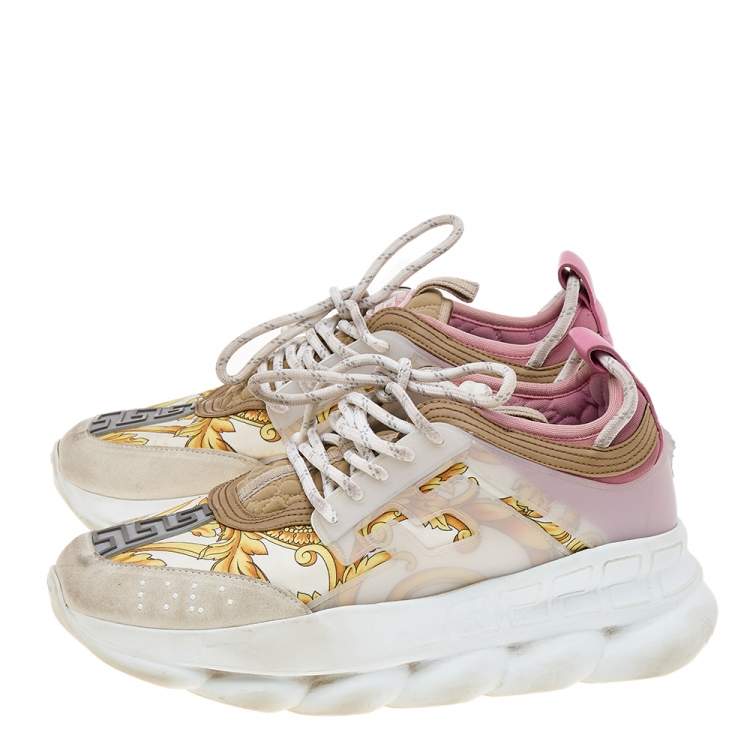 Pre Owned Versace Multicolor Barocco Print Nylon and Leather Chain Reaction Sneakers Size 40.5