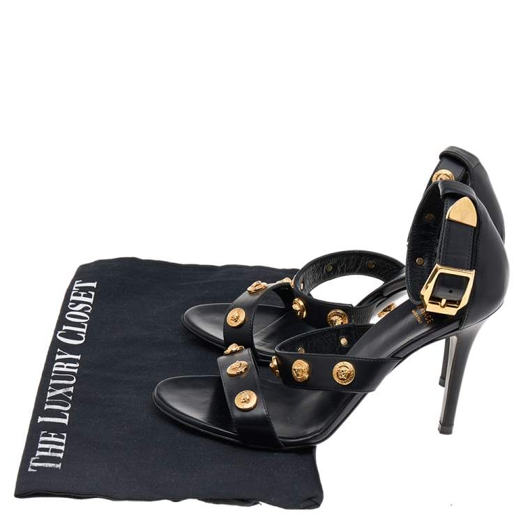 Pre Owned Versace Black Leather Medusa Ankle Strap Sandals Size 36