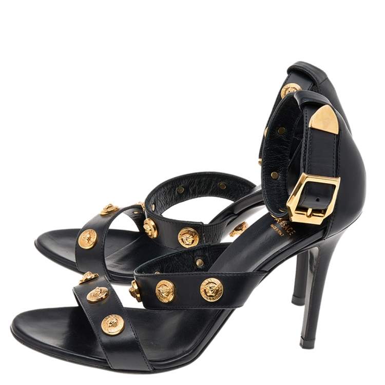 Pre Owned Versace Black Leather Medusa Ankle Strap Sandals Size 36