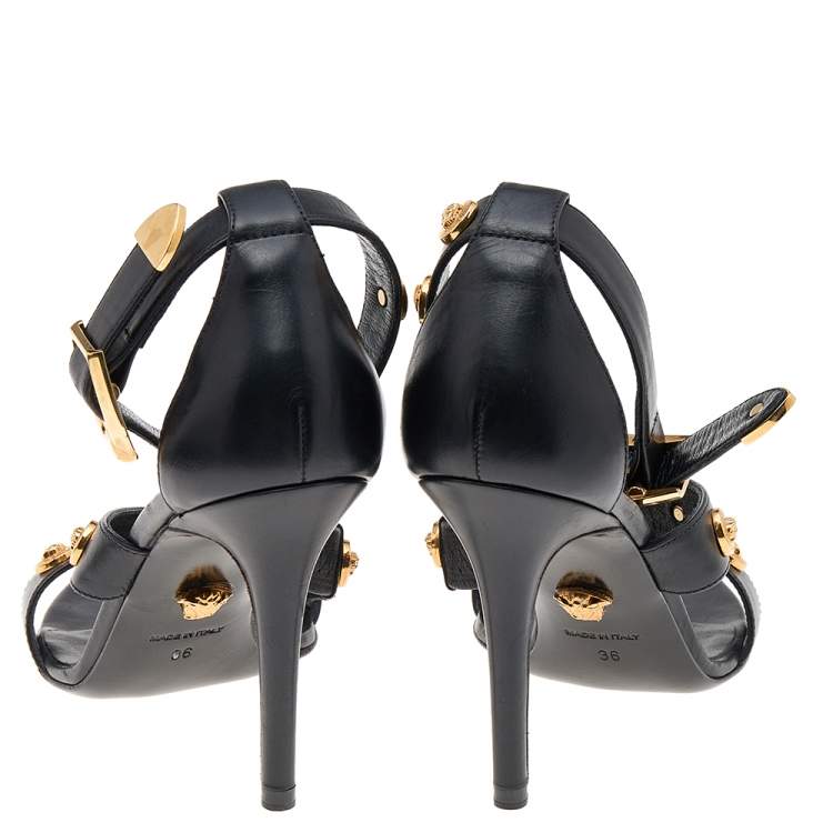 Pre Owned Versace Black Leather Medusa Ankle Strap Sandals Size 36