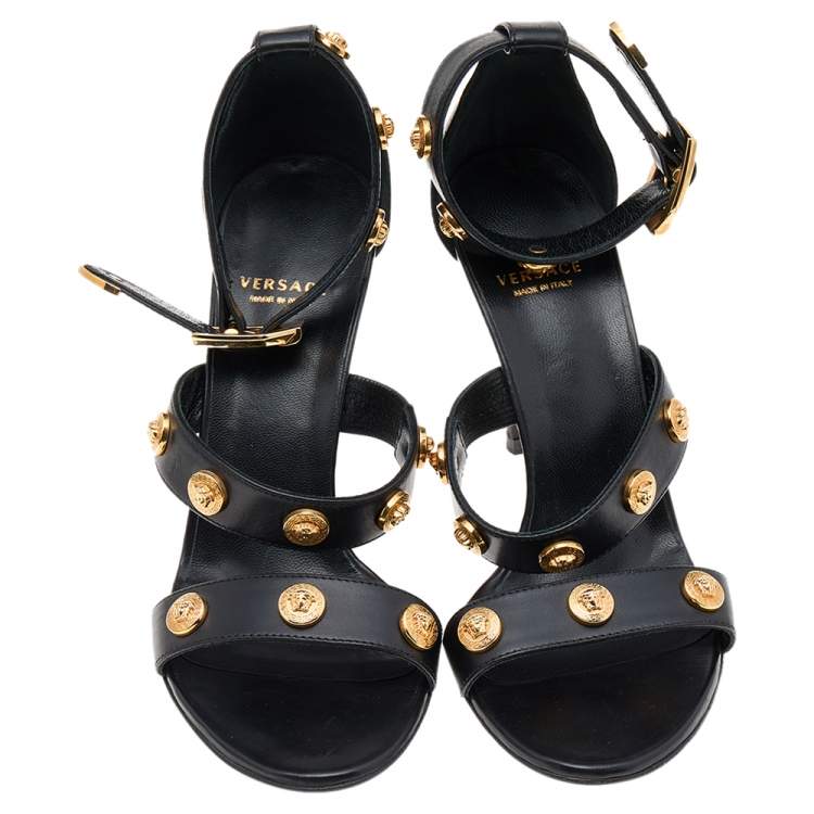 Pre Owned Versace Black Leather Medusa Ankle Strap Sandals Size 36