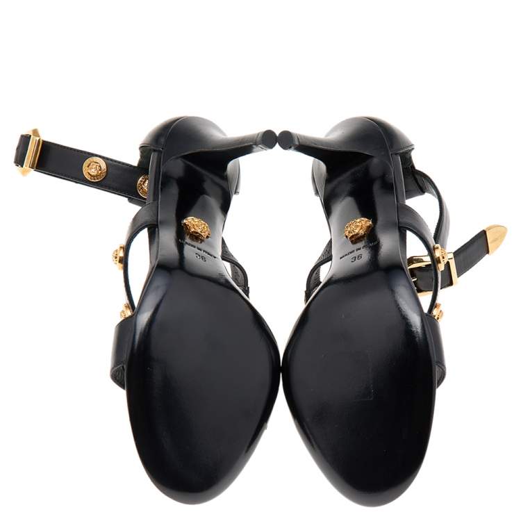 Pre Owned Versace Black Leather Medusa Ankle Strap Sandals Size 36