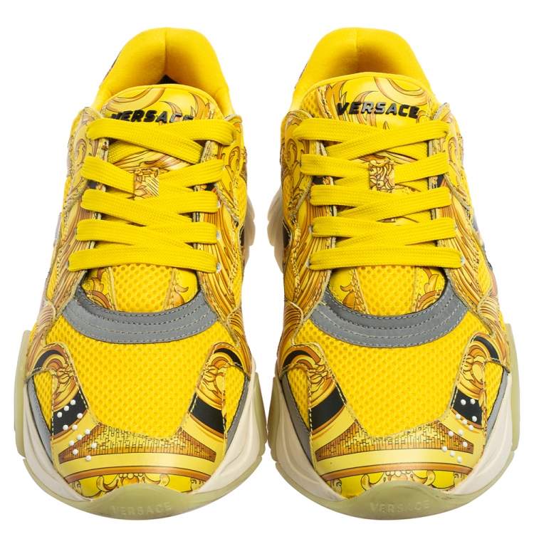 Pre Owned Versace Multicolor Leather And Mesh Flower Print Fur Lace Up Sneakers Size 38