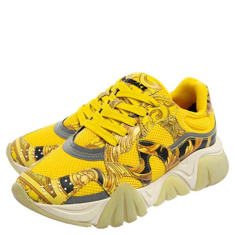 Pre Owned Versace Multicolor Leather And Mesh Flower Print Fur Lace Up Sneakers Size 38