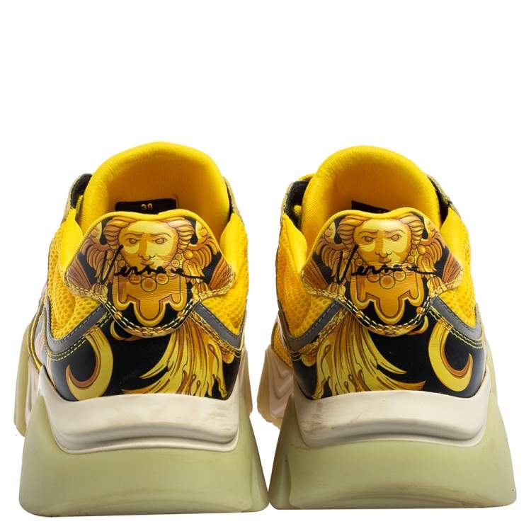 Pre Owned Versace Multicolor Leather And Mesh Flower Print Fur Lace Up Sneakers Size 38