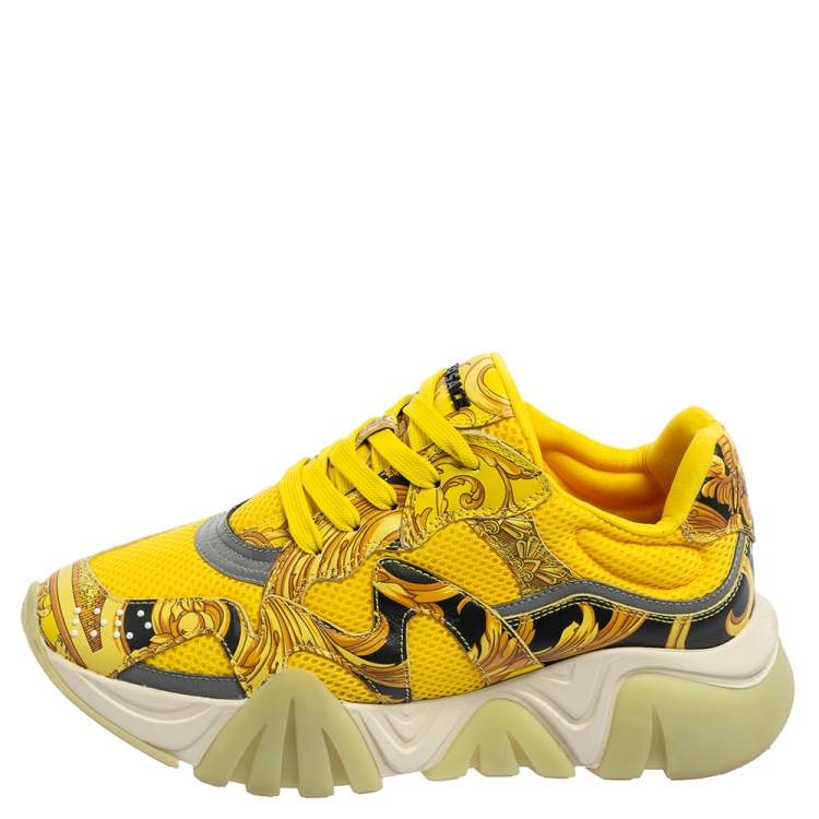 Pre Owned Versace Multicolor Leather And Mesh Flower Print Fur Lace Up Sneakers Size 38